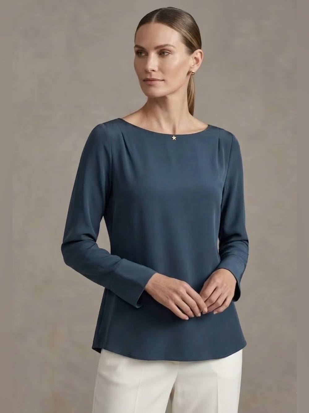 Peter Cohen Navy Silk Boatneck Long Sleeve Blouse Top Medium M Luxury Minimalist